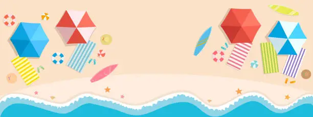 Vector illustration of Happy summer beach banner vector illustration, top view colorful beach background with umbrella, mat, ball,swim ring, surfboard, hat, sandals, starfish, shell and sea. aerial view of  bright beach life with outdoor activities