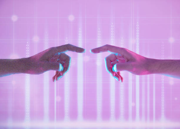 istock Metaverse, touching and hands of people in digital world for connection, communication and social network. Futuristic, neon and fingers for vr experience, connectivity and creative innovation 1480523601