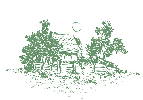 This is a vector illustration done ink digital ink that describe a farming house and its landscape