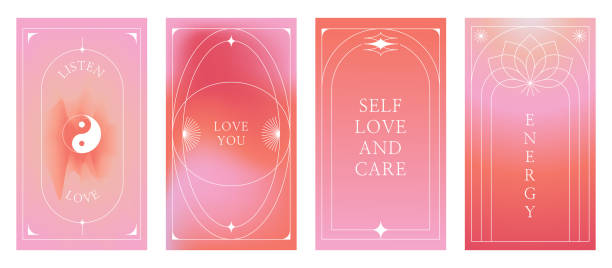 illustrazioni stock, clip art, cartoni animati e icone di tendenza di set vettoriale di elementi di design e illustrazioni in stile lineare semplice e minimalista - cura di sé e amore citazioni motivazionali, stampe e poster in stile y2k - aura