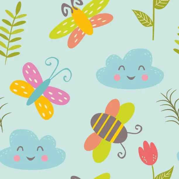 Vector illustration of Colourful seamless pattern with funny bees, butterflies and clouds. Background with cute children's drawings.