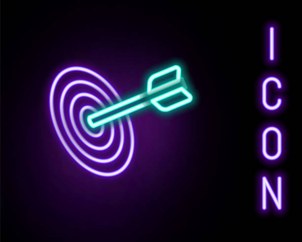 istock Glowing neon line Target financial goal concept icon isolated on black background. Symbolic goals achievement, success. Colorful outline concept. Vector 1480535138