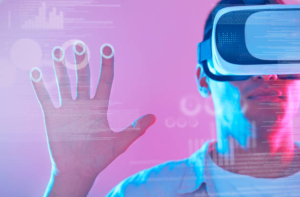 istock Hand, 3d futuristic and man in virtual reality exploring a cyber world. Digital transformation, metaverse and male touching ux button, data overlay or vr, graphics or software app on neon background. 1480543521