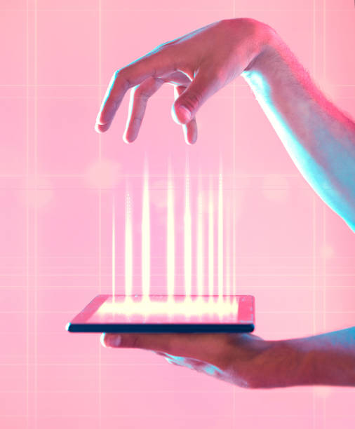 istock Connection, social network and hands with a tablet for ux, communication and internet on a pink background. Website, media and person with neon screen of technology for contact, networking and app 1480543535