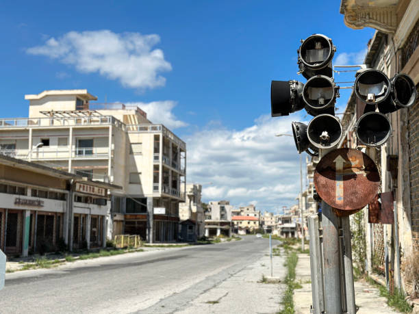 Old traffic light at the ghost city of Varosha stock photo