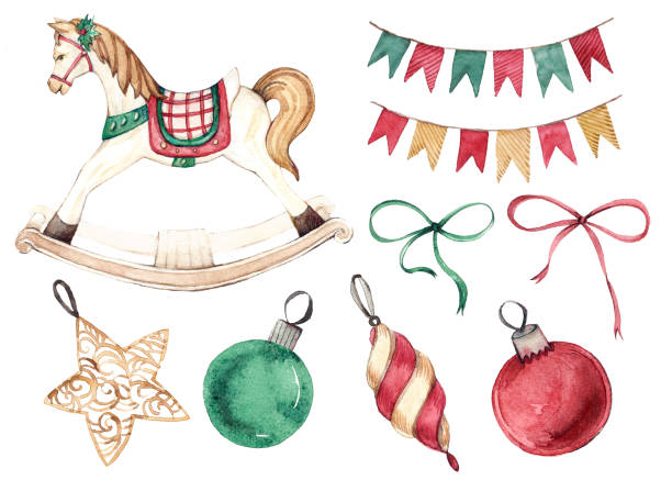 stockillustraties, clipart, cartoons en iconen met big christmas set - hobbelpaard