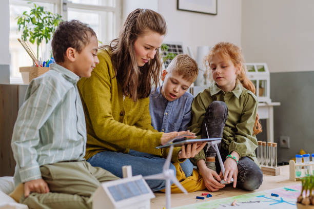 istock Young teacher learning pupils about solar and wind energy. 1480547729
