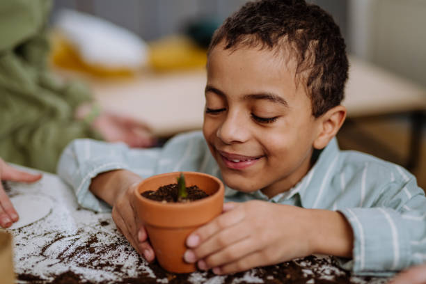istock Happy little boy looking at growing plant in a pot. 1480549655