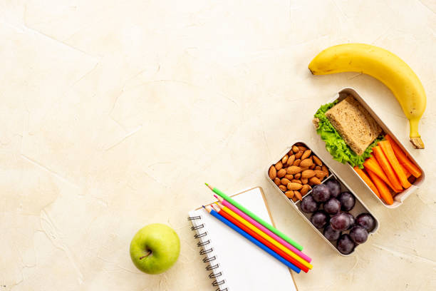 istock School lunch box with food and notepad, top view 1480549728