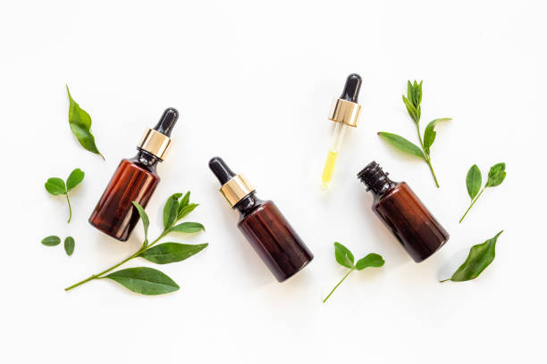 istock Tea tree essential oil in dropper bottle. Herbs cosmetic background 1480551286