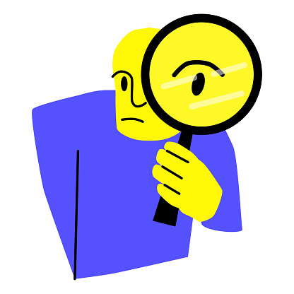 The man looks through the magnifying glass. The yellow man is holding the lens. Icon, vector illustration