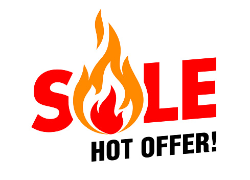 Hot offer red sticker with fire. Vector label template on transparent background