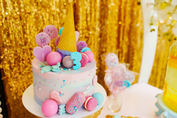 istock multicolored cake decorated with cakes and waffle cone 1480557993