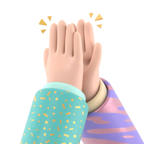 istock Cartoon Gesture Icon Mockup.Cartoon character hands High five gesture. Give me five. 3D rendering on white background. 1480561400