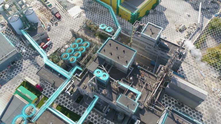 Drone shot of a modern futuristic factory. Modern factory aerial view. The concept of a modern factory. Factory concept visualization aerial view