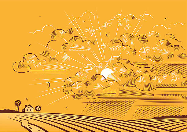 Clouds over fields Retro landscape with clouds over fields in woodcut style. Vector illustration with clipping mask. Includes high resolution JPG. woodcut illustrations stock illustrations