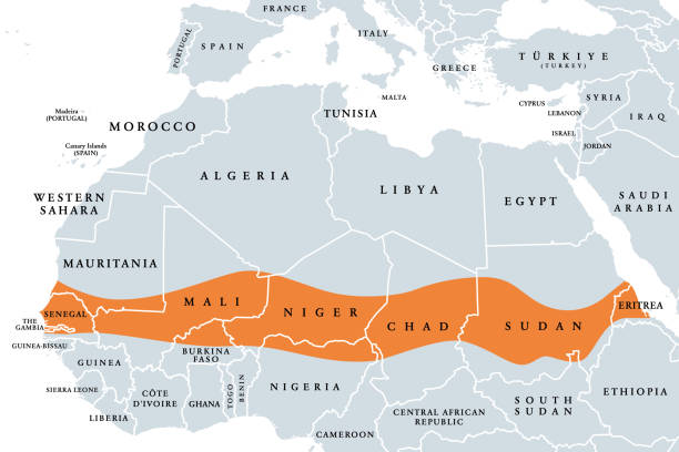 The Sahel, region in Africa between Sahara and Sudanian savanna, political map The Sahel, a region in Africa, political map. Ecoclimatic and biogeographic realm of transition between the Sahara to the north and the Sudanian savanna to the south, having a hot semi-arid climate. central africa stock illustrations