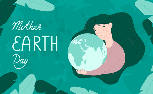 World Holiday Mother Earth Day vector green banner. Young woman with lush hair hugging the planet Earth. The concept of nature and environment protection.