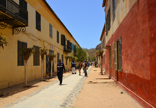 Gorée Island, Dakar, Senegal: looking south along Castel Street, with the Leopold Angrand communal school on the left - colonial façades