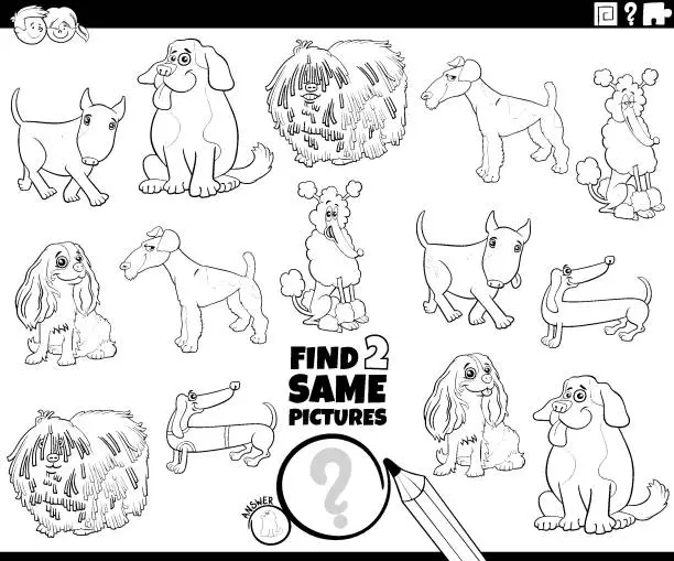 Vector illustration of find two same cartoon purebred dogs activity coloring page