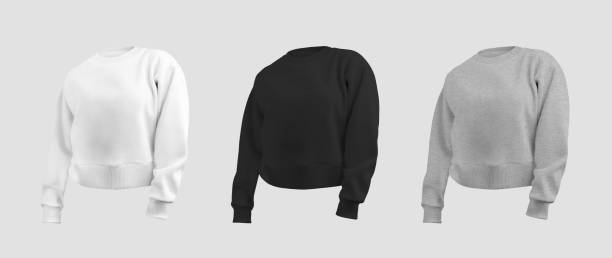 istock Crop sweatshirt mockup, white, black, heather longsleeve 3D rendering, women's shirt isolated on background, front view. Wear set f 1480568366