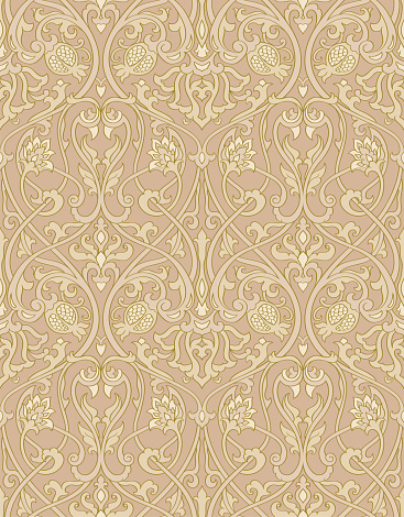 Pattern with ornamental flowers and birds. Beige floral background. Template for wallpaper, textile, wrapping paper.