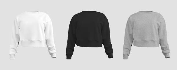 istock White, black, heather crop sweatshirt mockup, longsleeve 3D rendering front view, female shirt isolated on background. Set 1480568491