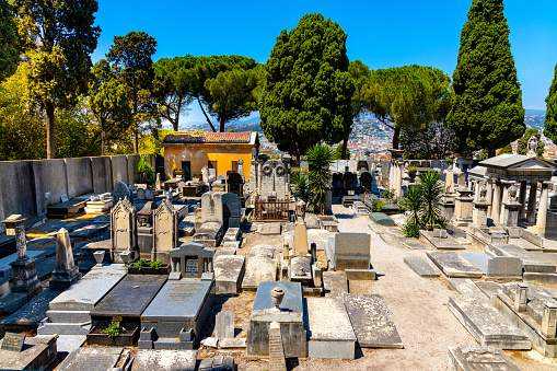 Nice, France - August 3, 2022: Historic Cimetiere Israelite Israelite Cemetery in historic old town district at French Riviera of Mediterranean Sea
