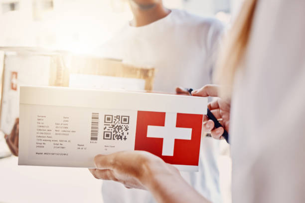 istock Delivery, box and people with QR code for healthcare, package and e commerce courier services. Telehealth supplier giving mail, post or pharmacy shipping to woman for online shopping in supply chain 1480570367