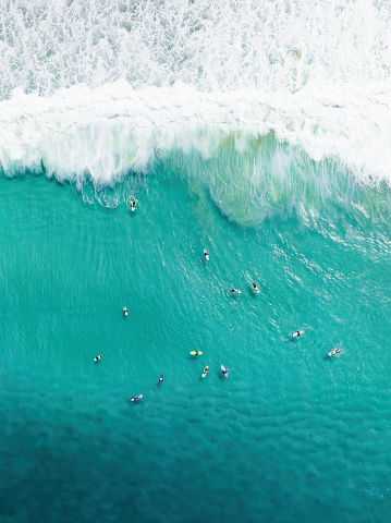 View from above, stunning aerial view of a person surfing on a turquoise ocean. Fuerteventura, Canary Islands, Spain.