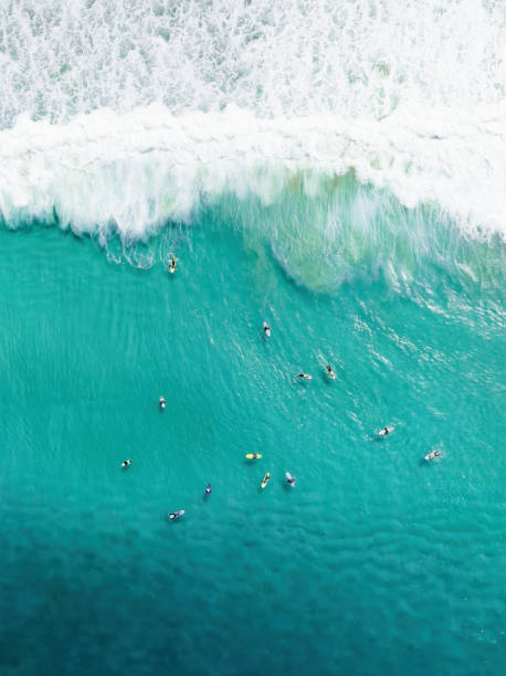 View from above, stunning aerial view of a person surfing on a turquoise ocean. Fuerteventura, Canary Islands, Spain. stock photo