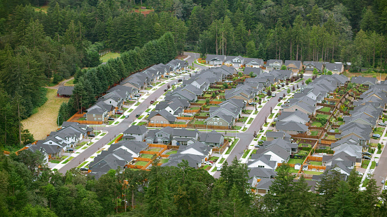 Aerial view of tract housing near Salem, Oregon, USA.