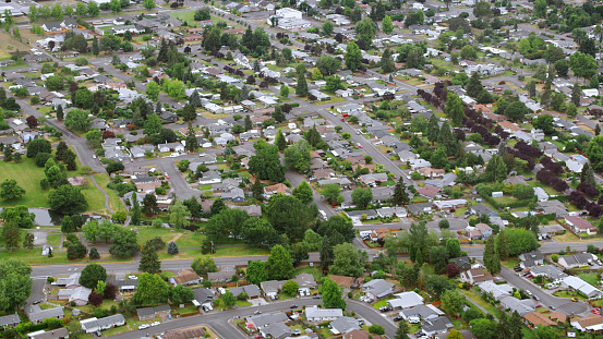 Aerial view of suburban neighborhood's houses in Salem, Oregon, USA.