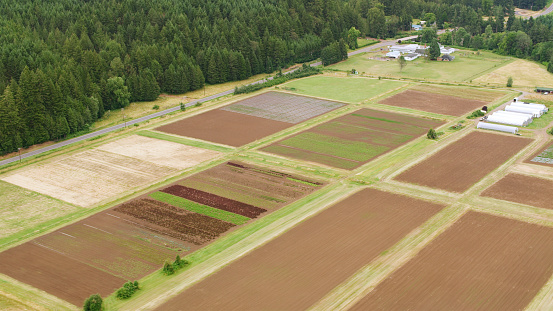 Aerial view of agricultural area by London Springs, Oregon, USA.
