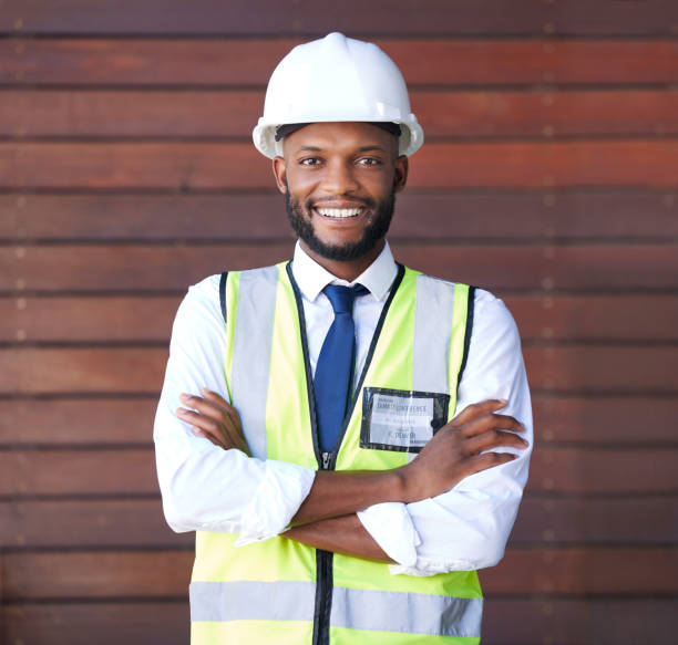 istock Black man, construction worker or arms crossed portrait with building planning ideas, industrial ideas or property vision. Smile, happy or architect engineer in confidence in architecture renovations 1480572498