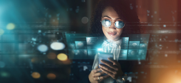Futuristic, AI and business woman, smartphone and connectivity, cyber data overlay and technology innovation. Digital transformation, metaverse and tech analytics, dashboard and internet holographic