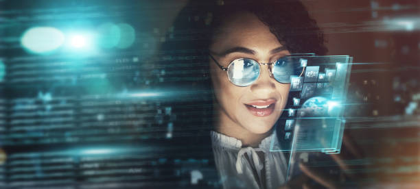 istock Black woman, overlay and future tech in office for finance research, data analytics or digital job in night. Cybersecurity expert smile, fintech or focus in dark workplace for 3d hologram abstract 1480574762