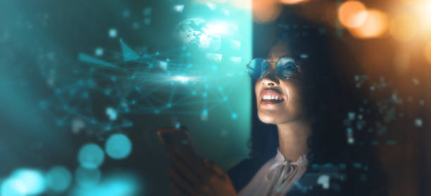 istock Black woman, technology overlay and phone in office for fintech, data analytics or digital job in night. Cybersecurity expert, research or happy in dark for 3d hologram abstract in programming code 1480574767