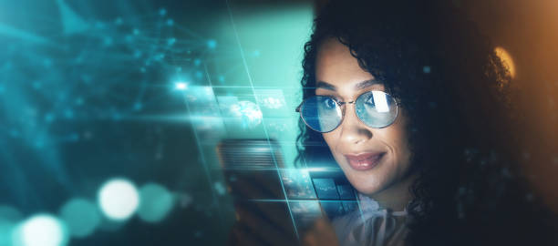 istock Woman, phone and technology overlay in office for research, data analytics or digital job in night. Cybersecurity expert, fintech and focus in dark workplace with 3d hologram ux for programming code 1480574768