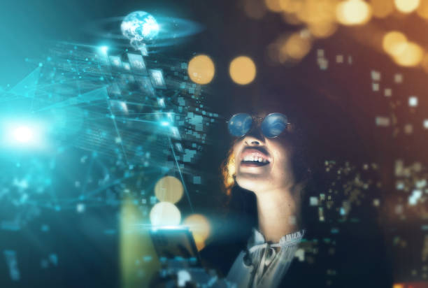 istock Woman, tech overlay and cellphone in office for finance research, data analytics or coding in night. Cybersecurity expert, focus and happy in dark workplace with 3d hologram abstract for programming 1480574775