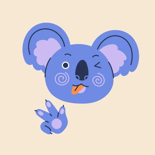 Vector illustration of Cute koala head portrait. Funny Australian bear winking, showing tongue, gesturing with paw. Lovely amusing adorable fluffy animal character. Childish kids isolated flat vector illustration