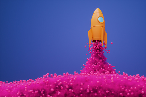 A stylized rocket launching in an abstract environment, surrounded by vibrant colors. \nAs the rocket takes off, it emits pink smoke and spheres against a contrasting purple background. \nThe rocket signifies the initiation and progress of startups, emerging cryptocurrencies, and new business establishments, representing the concept of growth and the potential of innovative ideas.