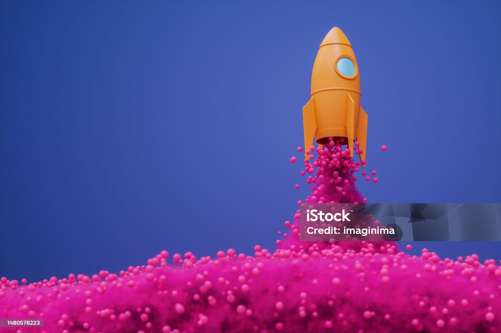 New Ventures Taking Flight A stylized rocket launching in an abstract environment, surrounded by vibrant colors. 
As the rocket takes off, it emits pink smoke and spheres against a contrasting purple background. 
The rocket signifies the initiation and progress of startups, emerging cryptocurrencies, and new business establishments, representing the concept of growth and the potential of innovative ideas. Growth Stock Photo