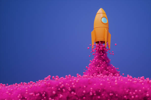 New Ventures Taking Flight A stylized rocket launching in an abstract environment, surrounded by vibrant colors. 
As the rocket takes off, it emits pink smoke and spheres against a contrasting purple background. 
The rocket signifies the initiation and progress of startups, emerging cryptocurrencies, and new business establishments, representing the concept of growth and the potential of innovative ideas. publicity event stock pictures, royalty-free photos & images