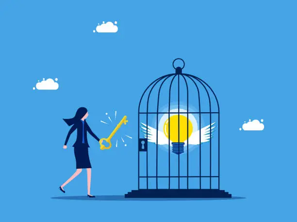 Vector illustration of Waiting for the disclosure of knowledge or business secrets. Businesswoman holding a key to unlock a light bulb in a cage