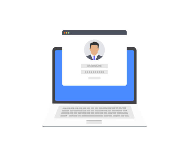 istock Laptop with login and password form page on screen, registration page. Sign in page, user authorization. Notebook and online login form. User profile male, man vector design and illustration. 1480579029