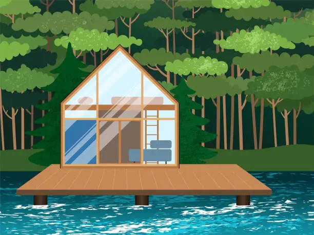 Vector illustration of Tiny house on a water platform. Summer camping travel vector illustration.