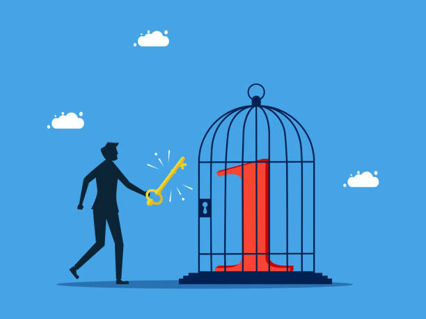 istock Unlock victory and value. man uses a key to unlock number one icon from birdcage. business competition concept 1480580861