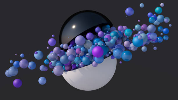 istock Black and white hemispheres. Blue, purple balls flying. Abstract illustration, 3d render. 1480582610