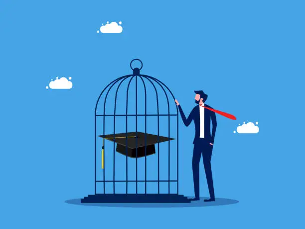 Vector illustration of Controlling and retaining knowledge. Businessman locks his graduation cap in a birdcage. business and education concept